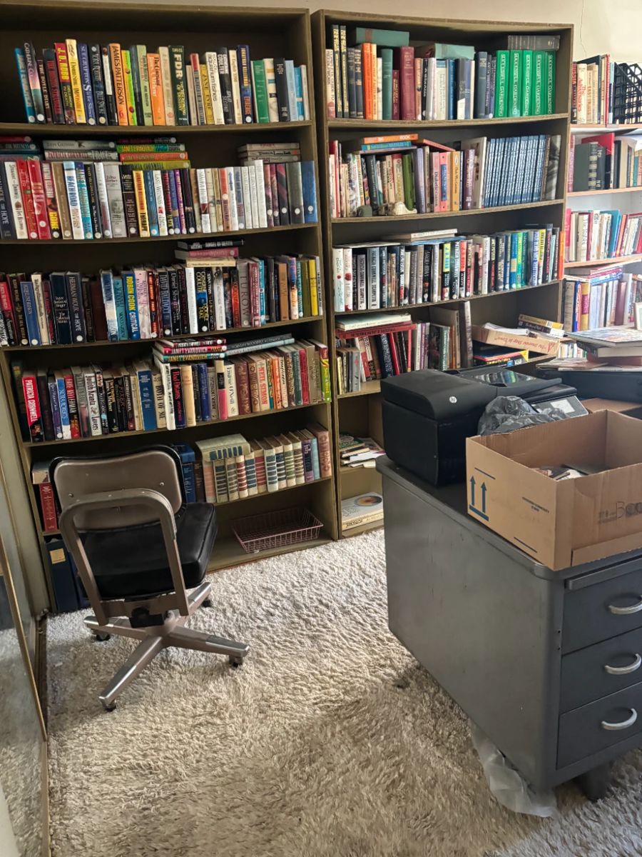 Books, books, and more books! Novels, paperbacks, hardcovers, how to books, cookbooks, history books, school books, and even the bookshelves are for sale!
