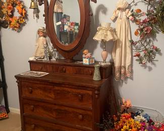 antique  dresser and lots of home holiday decor 