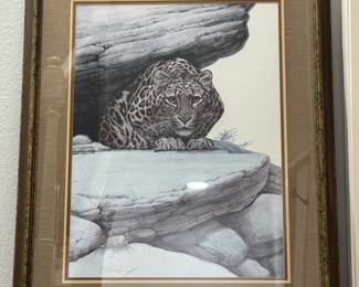 Guy Coheleach signed framed art of Leopard on rock 35 1/2 x44