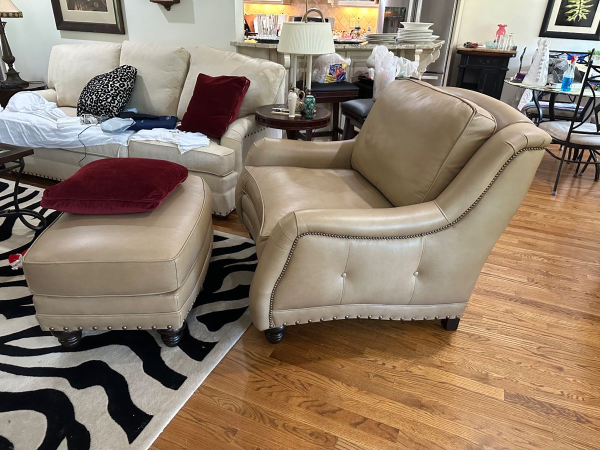 American heritage Sundance leather chair and Ottoman. putchased 2024 at Furniture connection in Aiken.