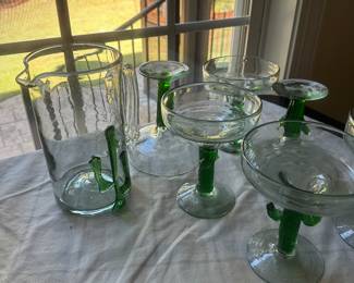 Mexican Hand Blown Glass Margarita Cactus Pitcher 6 Glasses