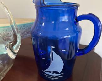 Vintage 40’s Hazel Atlas Blue Sailboat Pitcher 
