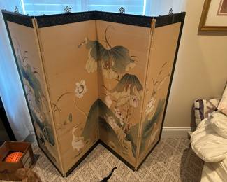 Four panel hand painted silk screen. 