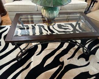 glass top coffee table, zebra print 10x12 rug