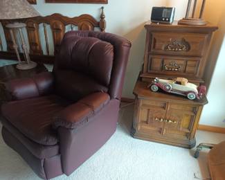 Leather recliner, nightstands and Jim Beam roadster