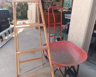 Ladders, wheelbarrow and cart