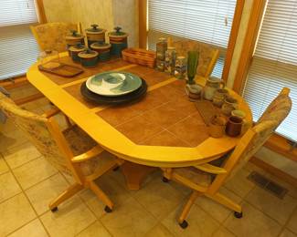Oak and Tile kitchen table with chairs on wheels