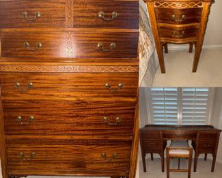 Chest of Drawers solid wood with carved deco and inlayed decor,  matching night stand and desk, also includes padded bench.  