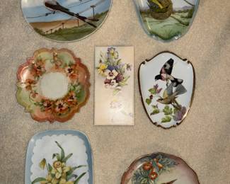 Plates NICE top left plate is marked Germany, all others are hand painted no markings, Birds and florals BEAUTIFUL Pansy is on tile