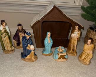 Ceramic Nativity set 3-Kings, Shephard, Mary and Joseph complete with Baby Jesus and Stable, accent evergreen tree w/fairy lights