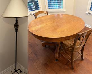 Floor lamp, solid oak pedestol table with leaf and 2 cane solid wood chairs GREAT SHAPE wonderful!
