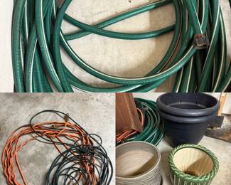 2 hoses, 2 long extension cords, gardening items