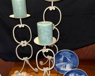 Iron candle stands with candles, beautiful diamond plastic crystals, Royal Copenhagen plates, Cat w/Kitten, and Train.
