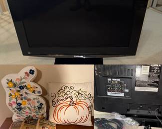 Panasonic TV with all attachments and remote, set of 3 antique books, fun smaller pillows