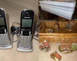 Pair cordless phones, "Porter's Lodge" and "Lilliput Lane" pieces, 2-large matching wicker baskets