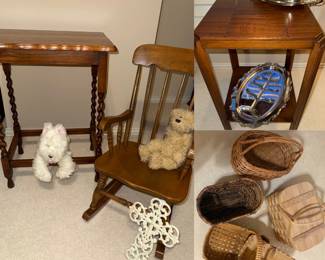 Childs Solid Wood rocking chair, Solid wood antique end tables, baskets include Picnic basket, stainless ware, iron cross