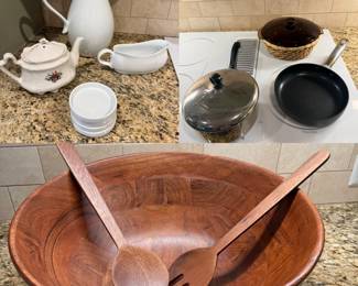 Stoneware, X-Large wood salad bowl, Farberware pan, Pyrex casserole, fry pan