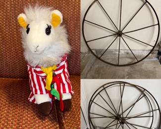 2 LARGE wrought iron 10 spoke wagon wheels and cute tagged Llama plush SO CUTE!