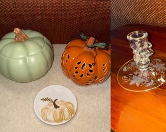 Fall Decor, Pair of etched crystal pillar candle stands
