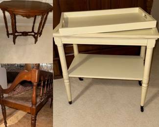 Heavy Bar/Tea cart with wheels and removable tray, Bench needs seat re-done, beautiful inlayed table