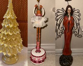 Tall thin Ceramic tree, Fun art Ballerina and Folk Angel
