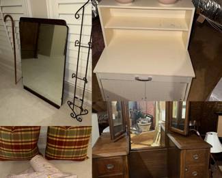 LARGE pillows with 1980's cotton sleeping bag in wonderful like new condition, heavy mirror ready to hang, iron plate hanger, hickory cane, Antique vanity with folding mirror, Homemade child's kitchen hutch, set of cute stoneware pink lamps