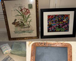 Beautiful folk art, Pottery Barn art and accents, set of sage bath towels, rag purse, 1963 old school slate board