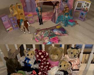 Barbie Prince and Princess set one price for everything in picture, Buld A Bears along with fancy bears and Vintage Mini Mouse, all bears priced seperately