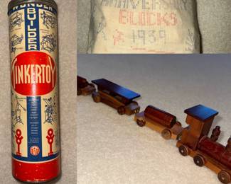 Antique Tinkertoy solid wood train set and anniversary blocks