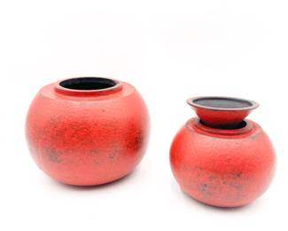 Pair of Red Textured Decorative Vessels