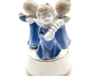 Ceramic Blue & White Angel Children Trio Figurine Music Box
