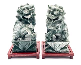 Pair of Chinese Export Carved Jade Hardstone Foo Dogs