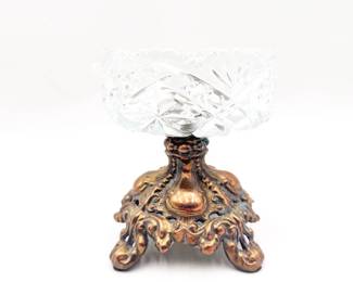 Vintage Cut Glass Compote w/ Ornate Brass Footed Pedestal Base