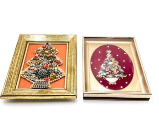 Pair of Vintage Framed Costume Jewelry Christmas Tree Art