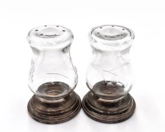 Etched Glass Salt and Pepper Shakers with Silver-Plate Bases