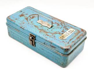 Union Made Turquoise Blue Tool Box w/ Assorted Drills