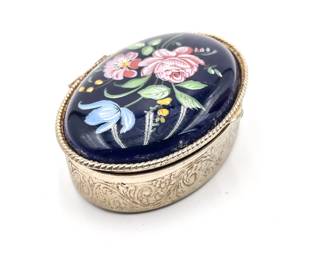 Vintage Floral Enamel & Gilt Metal Pill Box