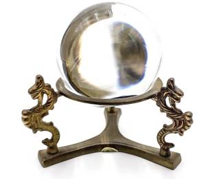 Vintage Brass Dragon Crystal Ball Holder w/ Sphere