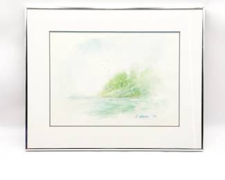 E. Ozawa Original Watercolor – Tranquil Landscape (1993)