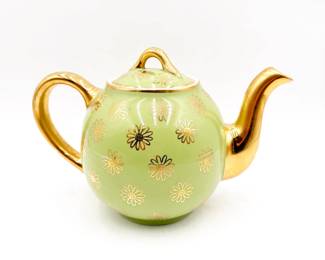 Hall China Chartreuse Green & Gold Floral Teapot