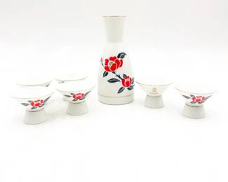 Vintage Ozeki Red Camellia Porcelain Sake Set – 7 Pieces