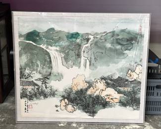 Signed PP Lithograph by Zhang Daqian – Mountain Monastery by the Waterfall 1974