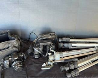 Minolta Camera, Sears Binoculars, And 4 Tripods