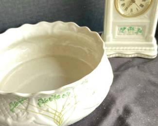 Belleek Mantle Clock And Serving Bowl