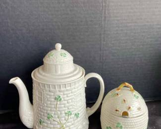 Two Belleek Vintage Pots Tea Pot  Honey Pot
