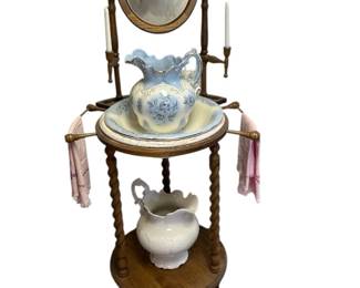 Antique Wooden Washstand with Mirror  Pitcher Bowl Sets