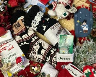 Christmas Holiday Decor Wrapping Lot  Stocking Holders, Ornaments, Lights, Socks  More