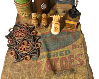 Vintage Coffee  Tea Collectibles with Wooden Grinders, Tins, and MooCow Creamer