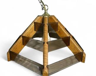 Vintage Retro Wood  Smoked Glass Hanging Pendant Lamp  16 Wide