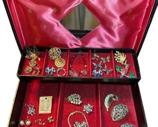 Vintage  Costume Jewelry Collection in Red Velvet Box  Brooches, Earrings  More